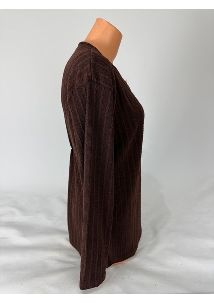 Kadın Örgü Desenli Bisiklet Yaka Uzun Kollu Yanları Yırtmaçlı Yün Anne Penye Tişört fırsatları