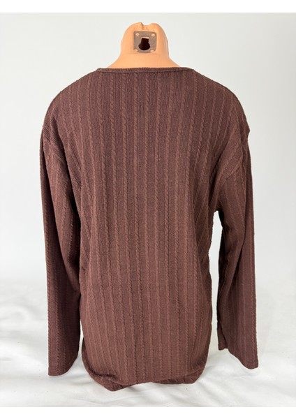 Kadın Örgü Desenli Bisiklet Yaka Uzun Kollu Yanları Yırtmaçlı Yün Anne Penye Tişört indirimleri