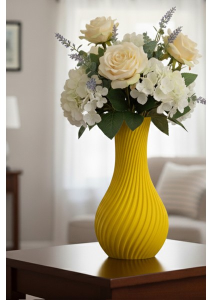 Sarmal Çizgili Modern Vazo Sarı (20X11CM)