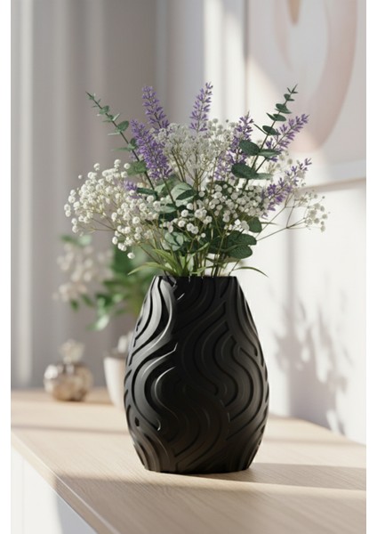Çizgi Tasarımlı Dekoratif Vazo Siyah (18X14CM)