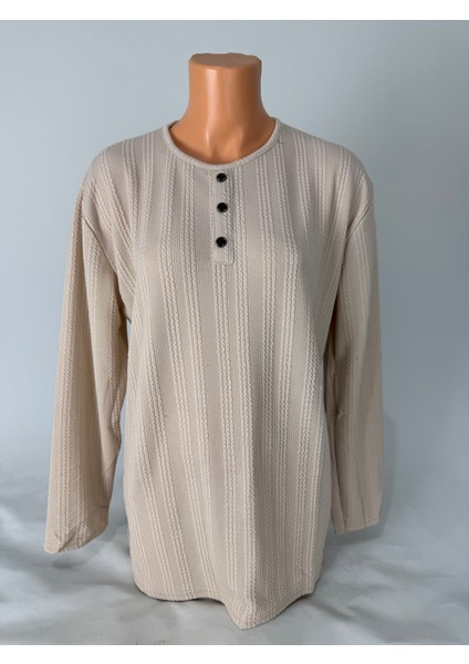 Kadın Örgü Desenli Bisiklet Yaka Uzun Kollu Yanları Yırtmaçlı Yün Anne Penye Tişört