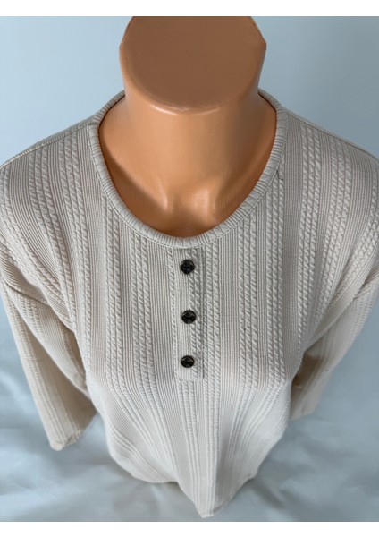 Kadın Örgü Desenli Bisiklet Yaka Uzun Kollu Yanları Yırtmaçlı Yün Anne Penye Tişört modelleri