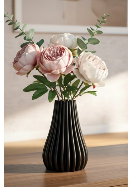 Modern Çizgili Dekoratif Vazo Siyah (18X12CM)