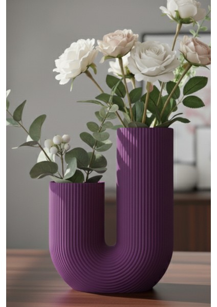 Çizgili U Kavis Dekoratif Vazo Mor (23X17CM)