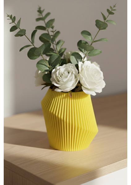 Geometrik Hatlı Çizgi Desenli Modern Saksı Vazo Sarı (13X13,5CM)