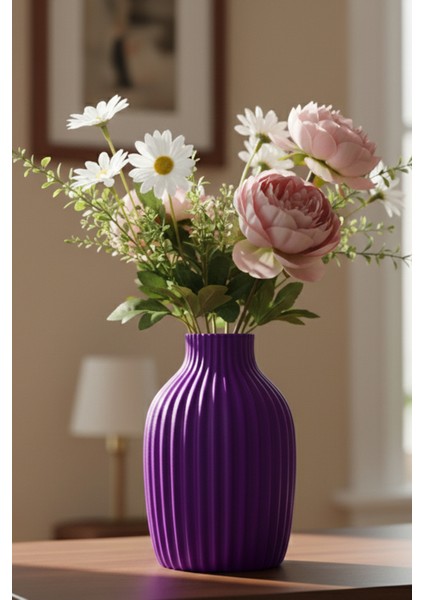 Klasik Çizgili Dekoratif Vazo Mor (20X13,5CM)