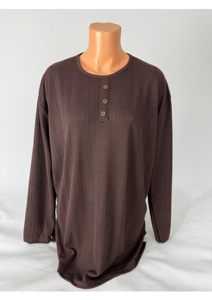 Kadın Örgü Desenli Bisiklet Yaka Uzun Kollu Yanları Yırtmaçlı Yün Anne Penye Tişört