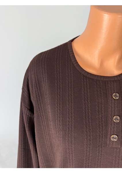 Kadın Örgü Desenli Bisiklet Yaka Uzun Kollu Yanları Yırtmaçlı Yün Anne Penye Tişört fiyatları