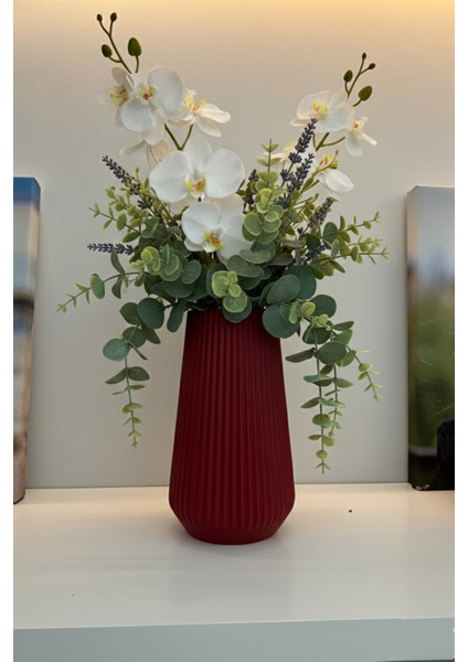 Çizgili Dekoratif Modern Vazo Kırmızı (24X14CM)