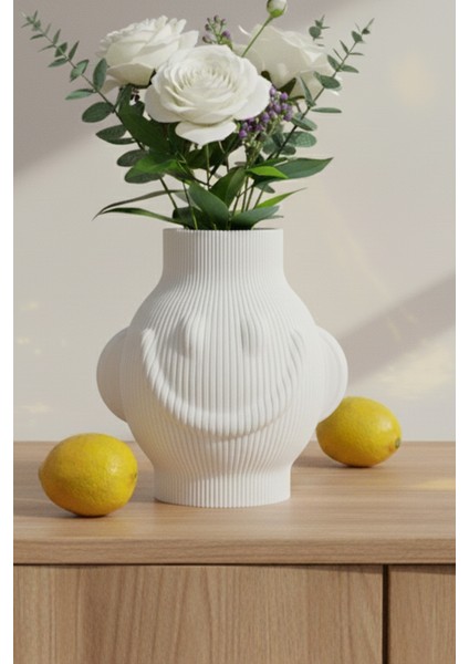 Gülümseyen Yüz Tasarımlı Dekoratif Vazo Beyaz (18X19CM)