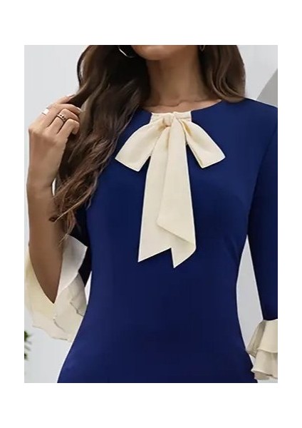 Kadın Truvakar Kollu Fiyonk Yakalı Midi Ithal Krep Elbise fiyatları