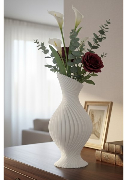 Spiral Kıvrımlı Dekoratif Vazo Beyaz (22X11CM)
