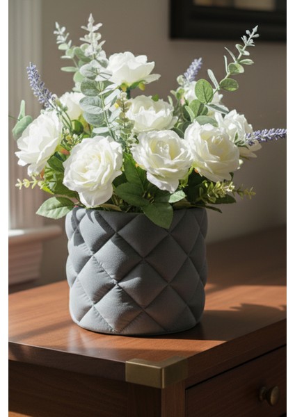 Kapitone Tasarımlı Modern Dekoratif Saksı Vazo Gri (12X13.5CM)