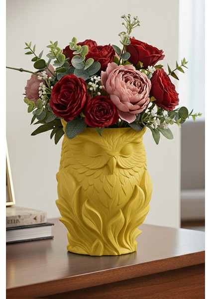 Baykuş Motifli Dekoratif Vazo Sarı (16X11,5CM)