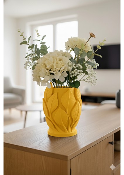 Yaprak Dokulu Modern Vazo Sarı (20X16CM)