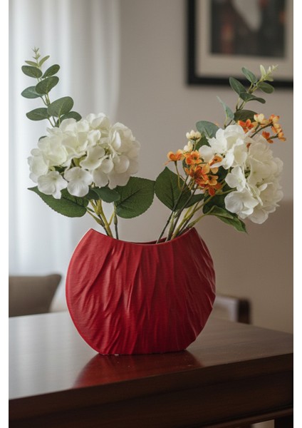 Kırışık Çizgili Dekoratif Modern Vazo Kırmızı (17X22CM)