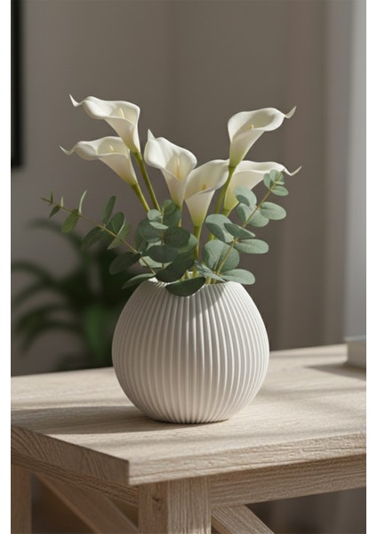 Minimalist Çizgili Dekoratif Vazo Beyaz (12X13CM)