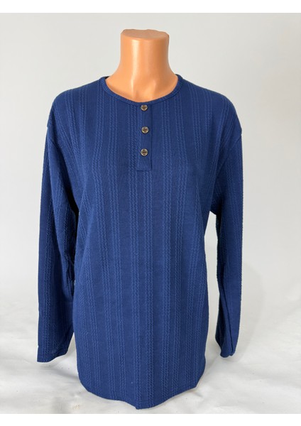 Kadın Örgü Desenli Bisiklet Yaka Uzun Kollu Yanları Yırtmaçlı Yün Anne Penye Tişört