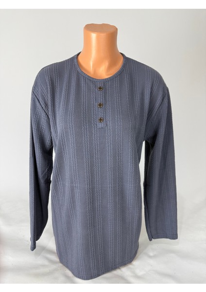 Kadın Örgü Desenli Bisiklet Yaka Uzun Kollu Yanları Yırtmaçlı Yün Anne Penye Tişört