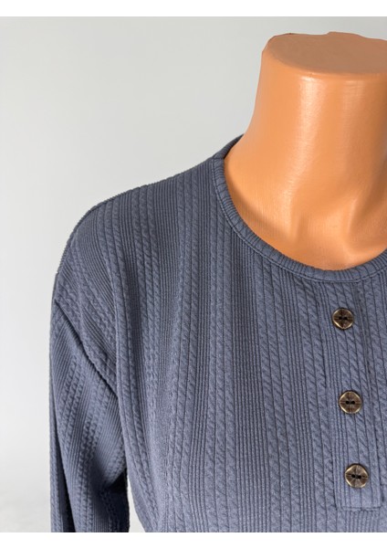 Kadın Örgü Desenli Bisiklet Yaka Uzun Kollu Yanları Yırtmaçlı Yün Anne Penye Tişört fiyatları