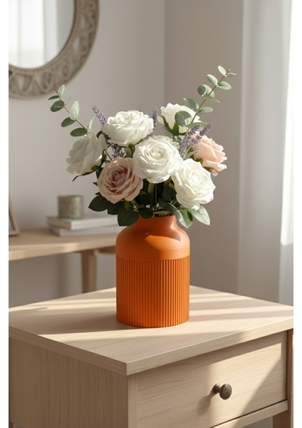 Modern Çizgili Tasarım Vazo Turuncu (21X19CM)