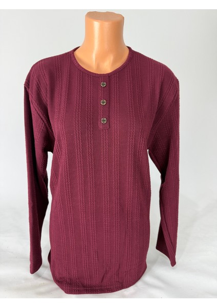 Kadın Örgü Desenli Bisiklet Yaka Uzun Kollu Yanları Yırtmaçlı Yün Anne Penye Tişört