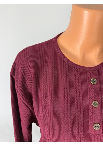 Kadın Örgü Desenli Bisiklet Yaka Uzun Kollu Yanları Yırtmaçlı Yün Anne Penye Tişört fiyatları