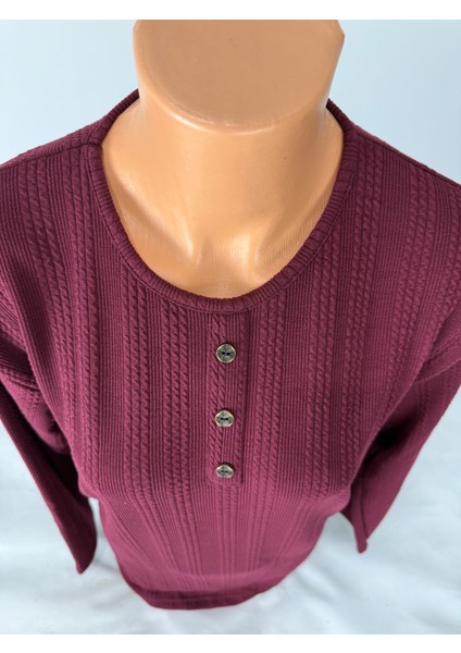 Kadın Örgü Desenli Bisiklet Yaka Uzun Kollu Yanları Yırtmaçlı Yün Anne Penye Tişört modelleri