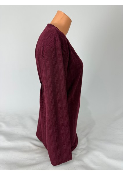 Kadın Örgü Desenli Bisiklet Yaka Uzun Kollu Yanları Yırtmaçlı Yün Anne Penye Tişört fırsatları