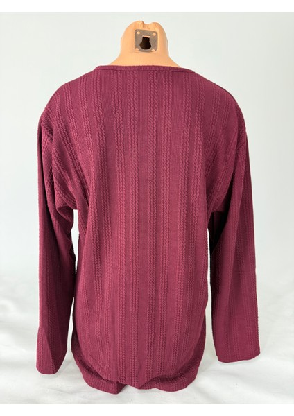 Kadın Örgü Desenli Bisiklet Yaka Uzun Kollu Yanları Yırtmaçlı Yün Anne Penye Tişört indirimleri