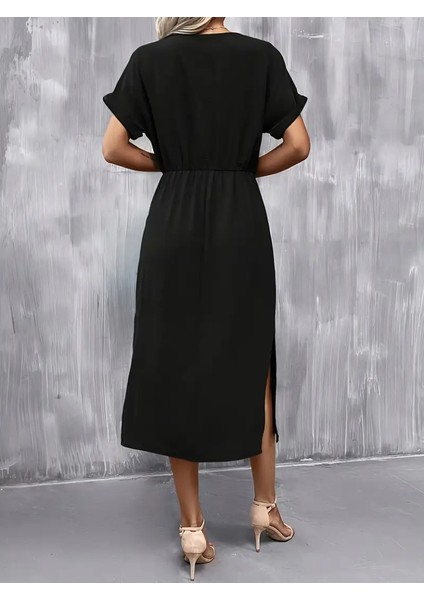 Kadın Kısa Kollu Yakası Açık Belden Bağlamalı Yırtmaçlı Viskon Elbise fırsatları
