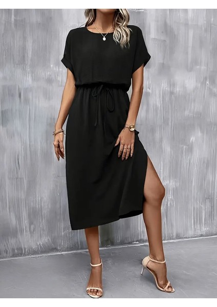 Kadın Kısa Kollu Yakası Açık Belden Bağlamalı Yırtmaçlı Viskon Elbise indirimleri