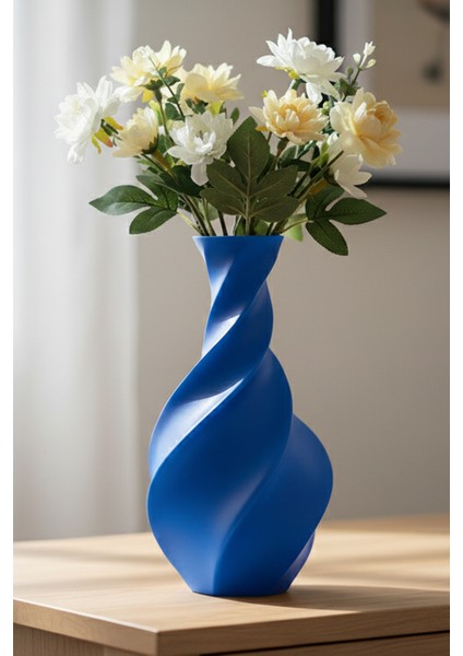 Spiral Desenli Şık Dekoratif Vazo Mavi (21X11CM)