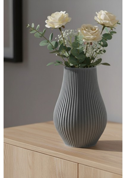 Dikey Hatlı Zarif Çizgili Minimal Şık Vazo Gri (18X11CM)