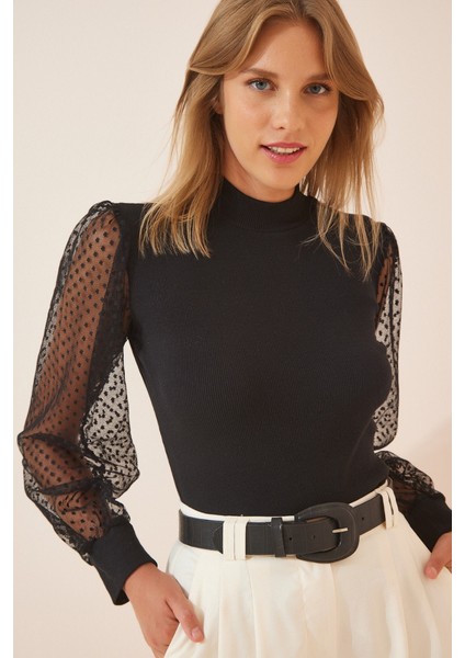 Kadın Siyah Kolu Tül Detaylı Yarım Balıkçı Kaşkorse Bluz 6160