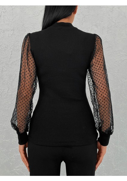 Kadın Siyah Kolu Tül Detaylı Yarım Balıkçı Kaşkorse Bluz 6160