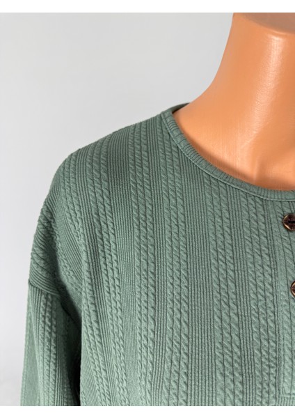 Kadın Örgü Desenli Bisiklet Yaka Uzun Kollu Yanları Yırtmaçlı Yün Anne Penye Tişört fiyatları