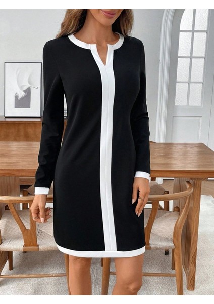 Kadın Uzun Kollu Yuvarlak V Yakalı Şerit Detaylı Modal Mini Elbise fiyatları