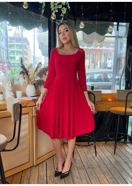 Kadın Kare Yaka Truvakar Kol Fırsat Ürün Midi Boy Elbise