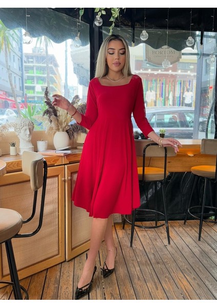 Kadın Kare Yaka Truvakar Kol Fırsat Ürün Midi Boy Elbise fiyatları