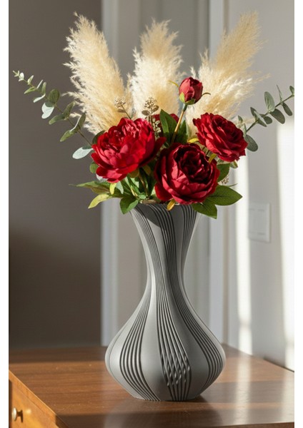 Dekoratif Çizgili Şık Vazo Gri (24X15CM)