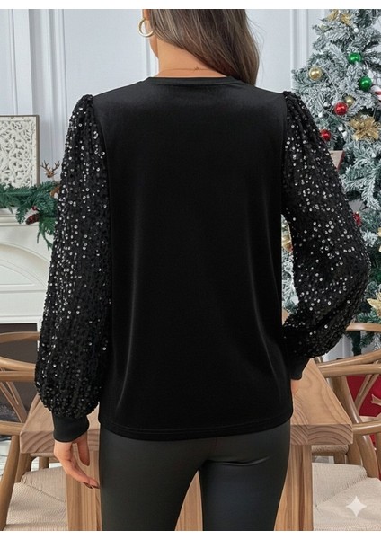Kadın Uzun Kollu Bisiklet Yaka Kollar Pulpayet Kadife Bluz modelleri