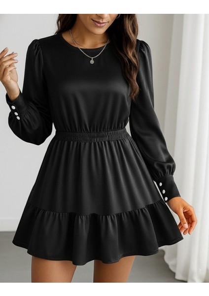 Kadın Uzun Kollu Bisiklet Yaka Beli Lastikli Fırfırlı Ithal Krep Elbise