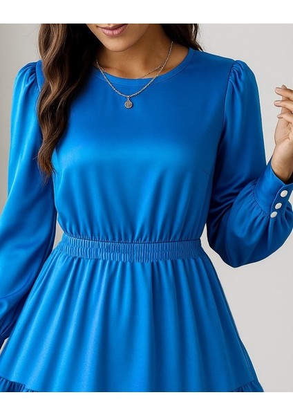 Kadın Uzun Kollu Bisiklet Yaka Beli Lastikli Fırfırlı Ithal Krep Elbise fiyatları