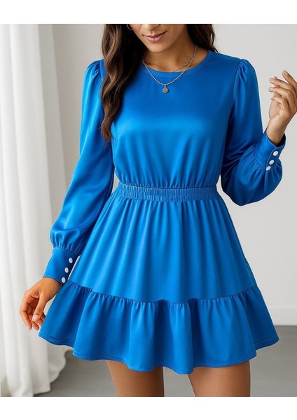 Kadın Uzun Kollu Bisiklet Yaka Beli Lastikli Fırfırlı Ithal Krep Elbise modelleri