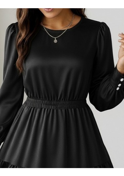Kadın Uzun Kollu Bisiklet Yaka Beli Lastikli Fırfırlı Ithal Krep Elbise fiyatları