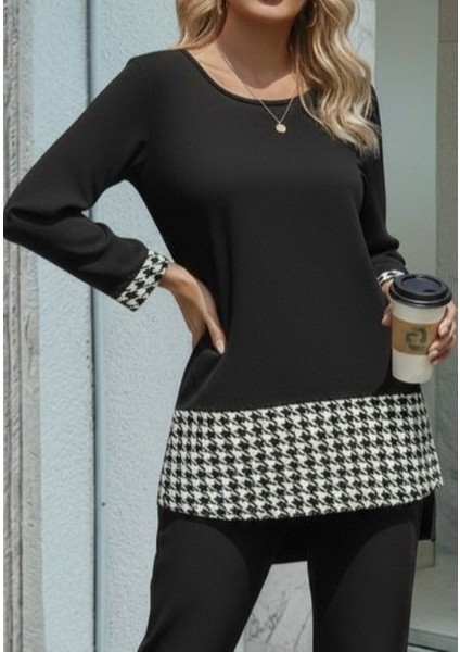 Kadın Uzun Kollu Yuvarlak Yakalı Kaz Ayağı Detaylı Viskon Iki Iplik Bluz ve Pantolon Ikili Takım fiyatları