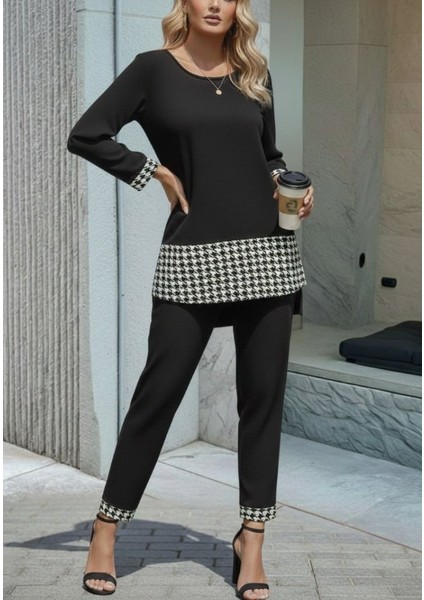 Kadın Uzun Kollu Yuvarlak Yakalı Kaz Ayağı Detaylı Viskon Iki Iplik Bluz ve Pantolon Ikili Takım modelleri