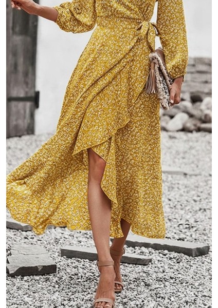 Kadın Uzun Kollu Kruvaze Yaka Yandan Bağlamalı Önden Fırfır Detaylı Süprem Uzun Elbise modelleri