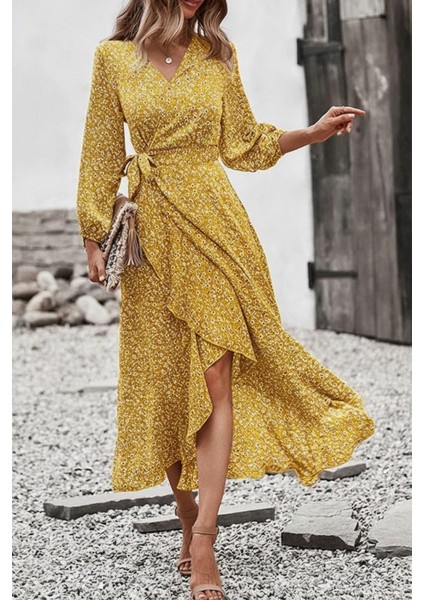 Kadın Uzun Kollu Kruvaze Yaka Yandan Bağlamalı Önden Fırfır Detaylı Süprem Uzun Elbise fırsatları